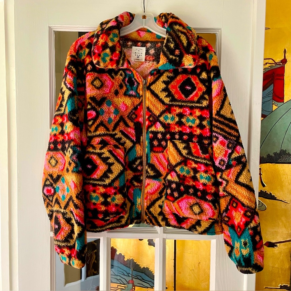 Billabong Cozy Fleece Teddy Bear Zip Up Jacket SZ L Womens Aztec Colorful